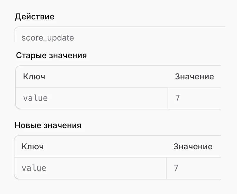 Фрагменты записи журнала действий: действие score_update, таблицы «Старые значения» и «Новые значения»
