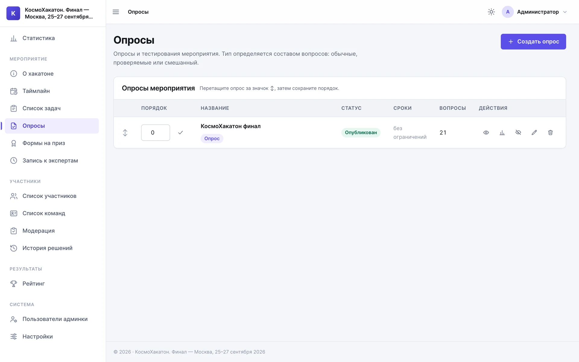 Админка финала КосмоХакатона, раздел «Опросы»: таблица опросов мероприятия с порядком, статусом «Опубликован», сроками и числом вопросов