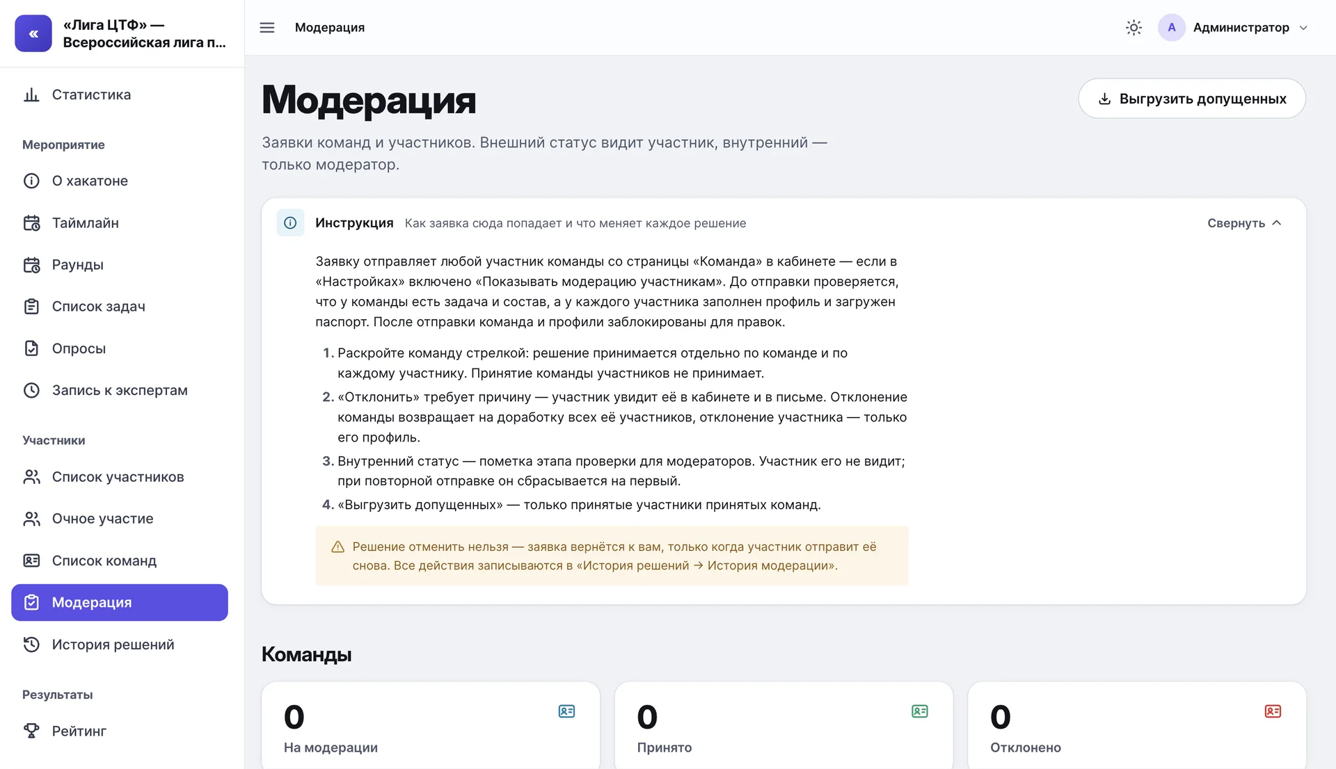 Раздел «Модерация»: кнопка «Выгрузить допущенных» и раскрытая инструкция «Как заявка сюда попадает и что меняет каждое решение» — четыре шага и жёлтое предупреждение про историю модерации