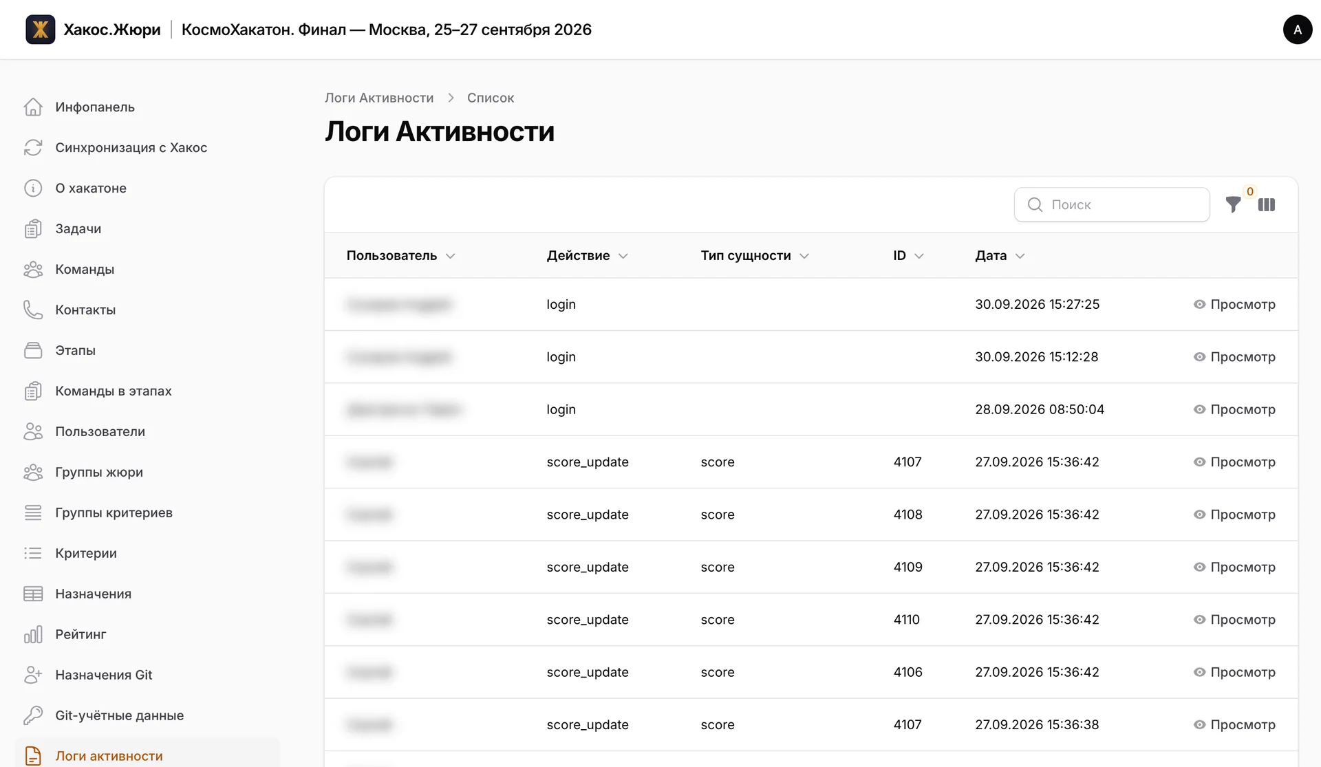 Раздел «Логи активности»: поиск и фильтр, таблица с пользователем, действием login или score_update, типом сущности score, её ID и датой до секунды, у каждой записи кнопка «Просмотр»; имена пользователей размыты