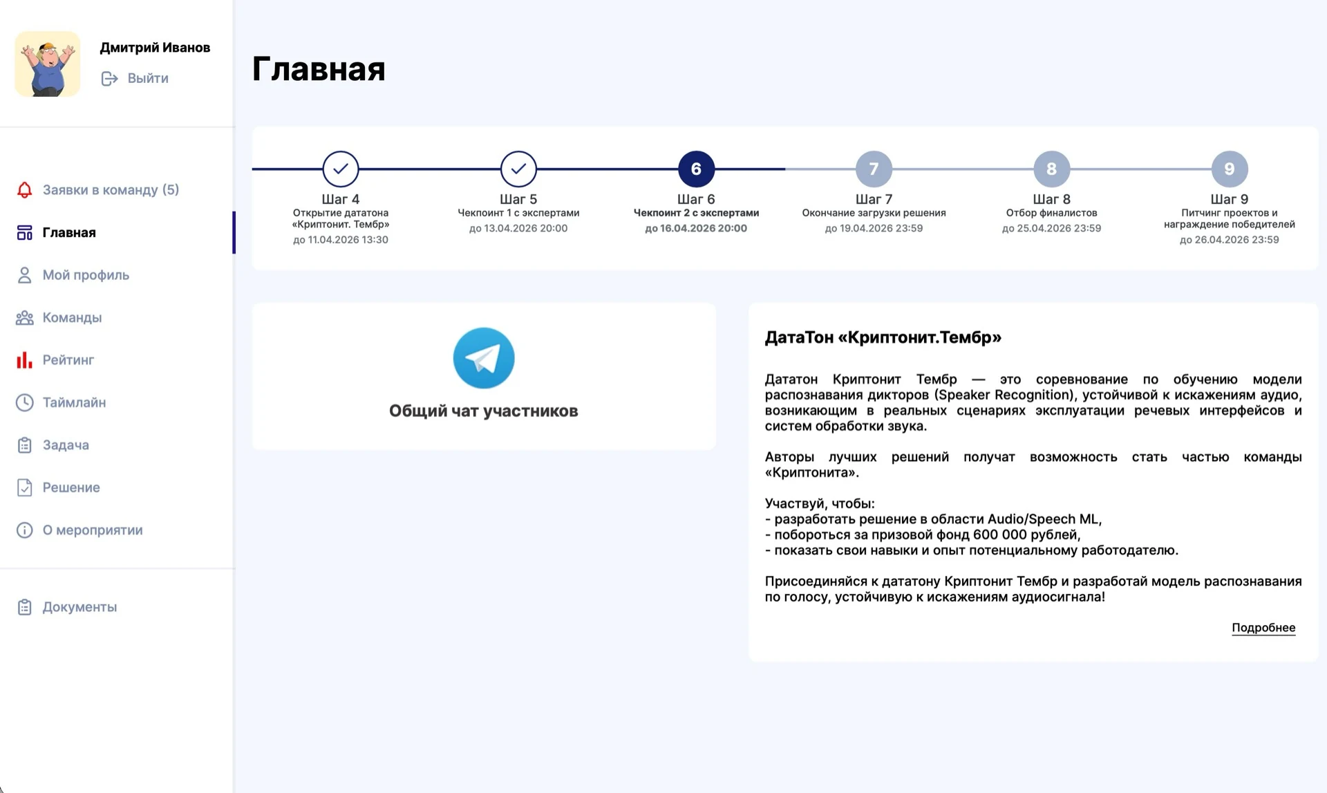 Платформа Хакос — главная страница участника: таймлайн этапов, общий чат и описание мероприятия